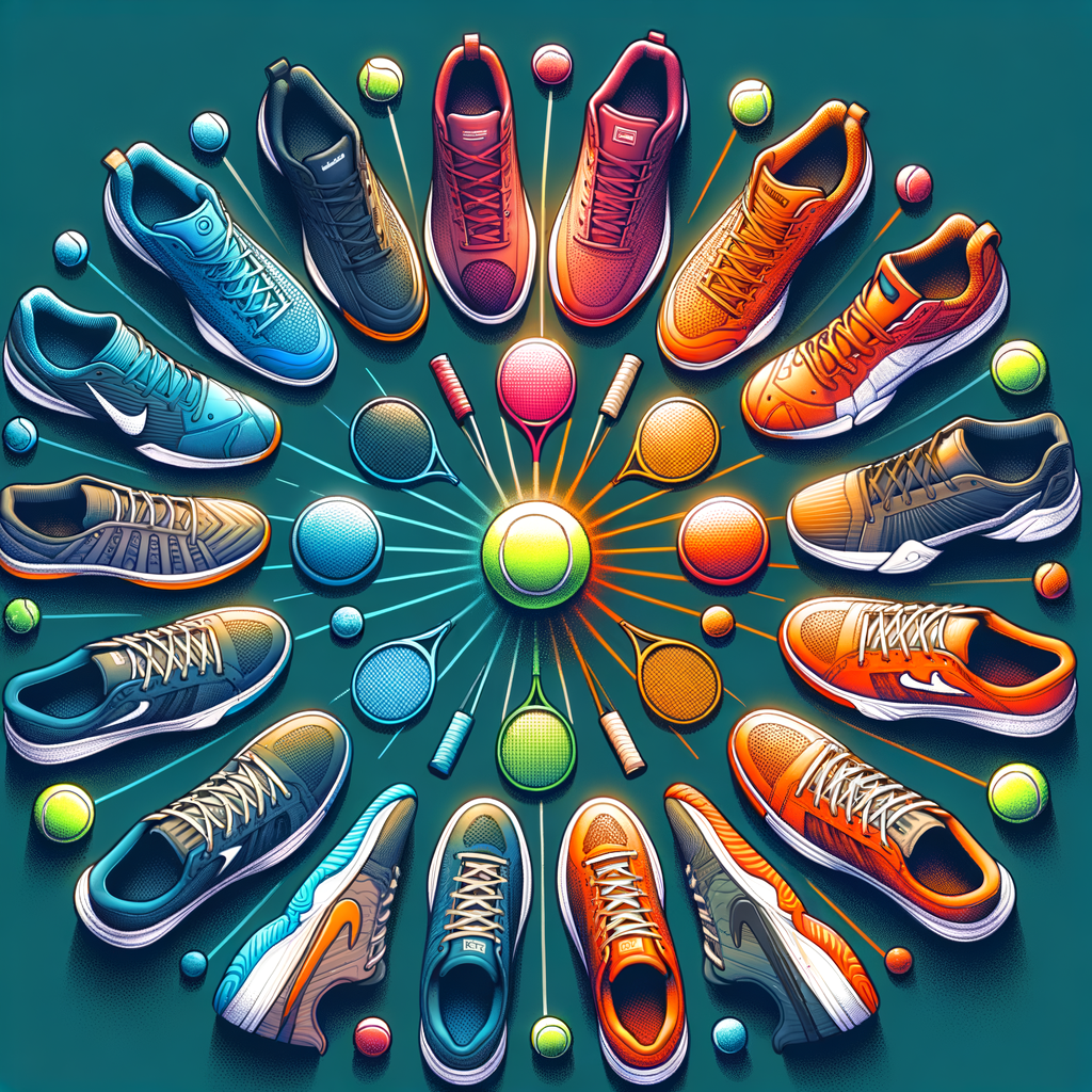 Quality tennis shoes arranged in a semi-circle, representing the best tennis footwear essentials with a visual guide highlighting footwear requirements for tennis players, aiding in choosing the perfect tennis shoes.