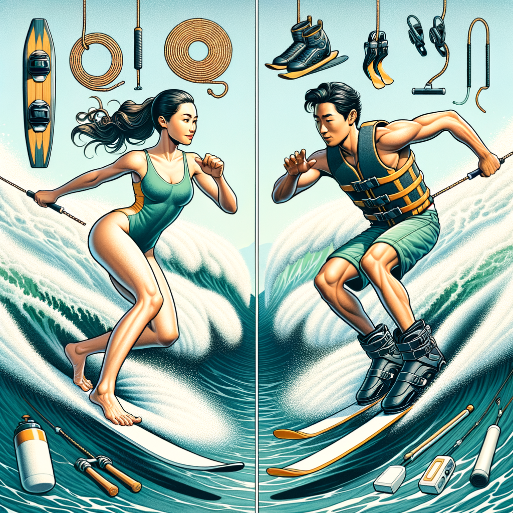 Split-screen image comparing barefoot water skiing and shoe-skiing techniques, equipment, and safety tips, highlighting the benefits and drawbacks of both styles for a comprehensive water skiing comparison.