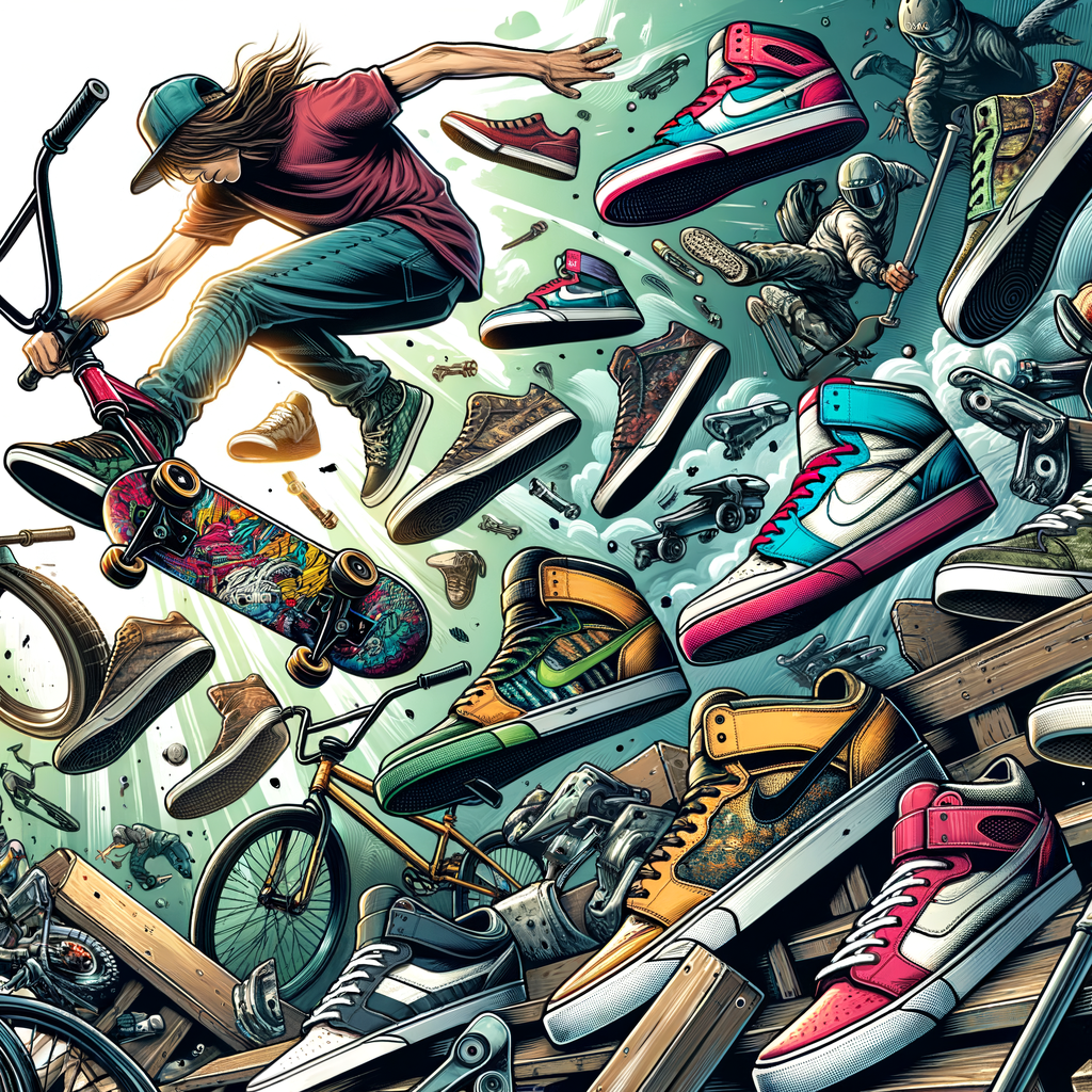 Variety of top BMX shoe brands in a dynamic display, showcasing high-quality BMX footwear in different styles and colors for a comprehensive BMX gear comparison, perfect for extreme sports enthusiasts.