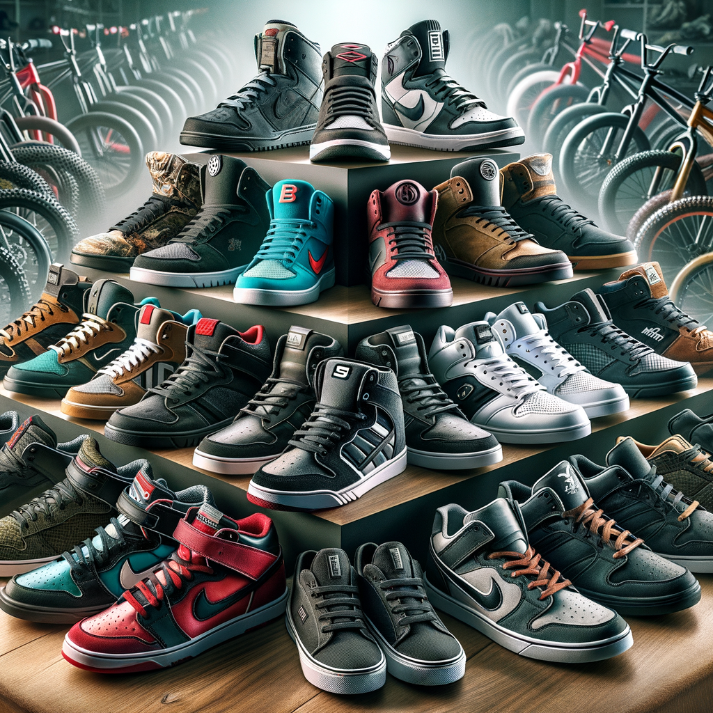 Variety of BMX riding shoes showcasing a comparison of affordable and high-quality riding shoes, highlighting the difference in BMX shoe price and gear quality amidst extreme sports gear backdrop.