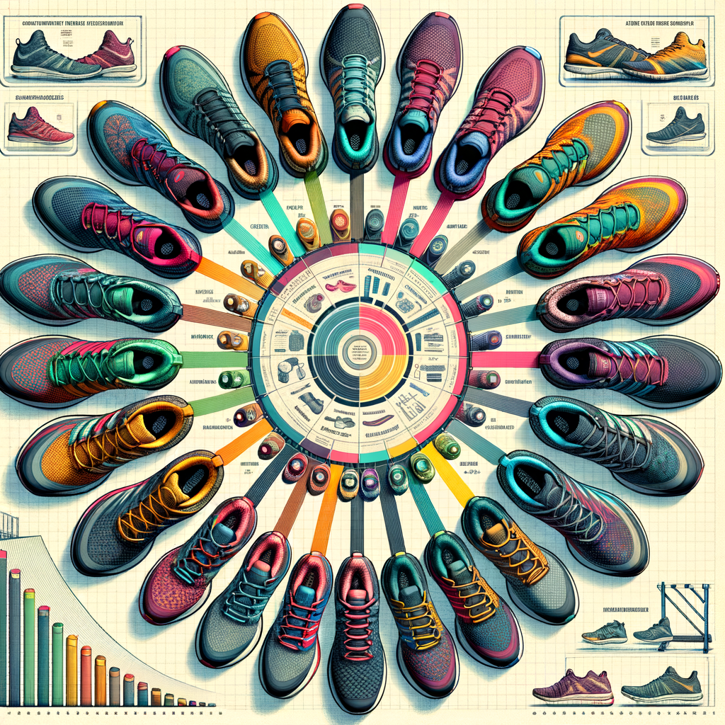 Best track and field shoes arranged in a semi-circle with an infographic highlighting performance optimization tips, essential athletic shoe features, and track and field gear for improved athlete performance.