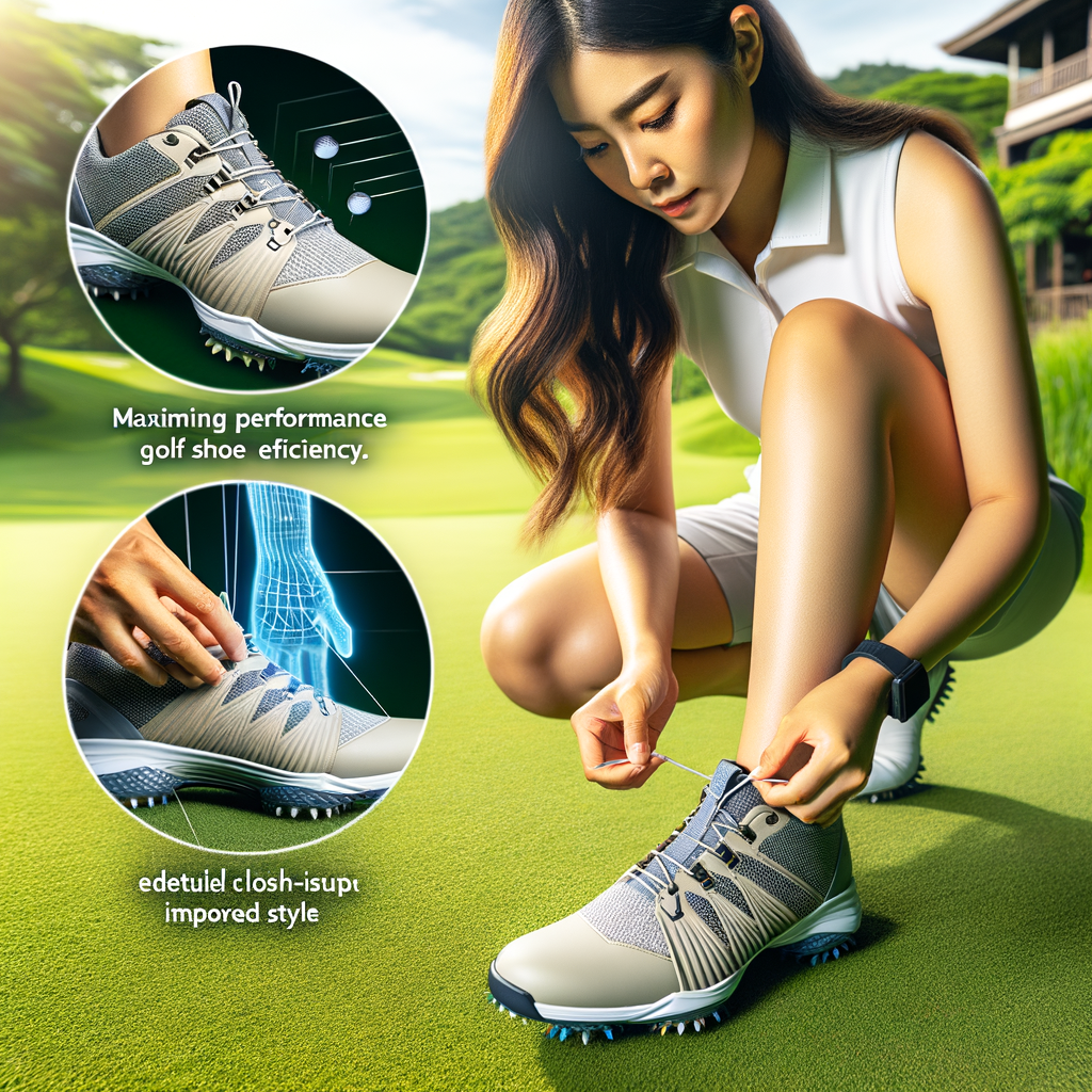 Professional golfer tying laces of high-performance golf shoes on lush green course, highlighting essential golf footwear features for maximizing golf shoe efficiency and performance enhancement