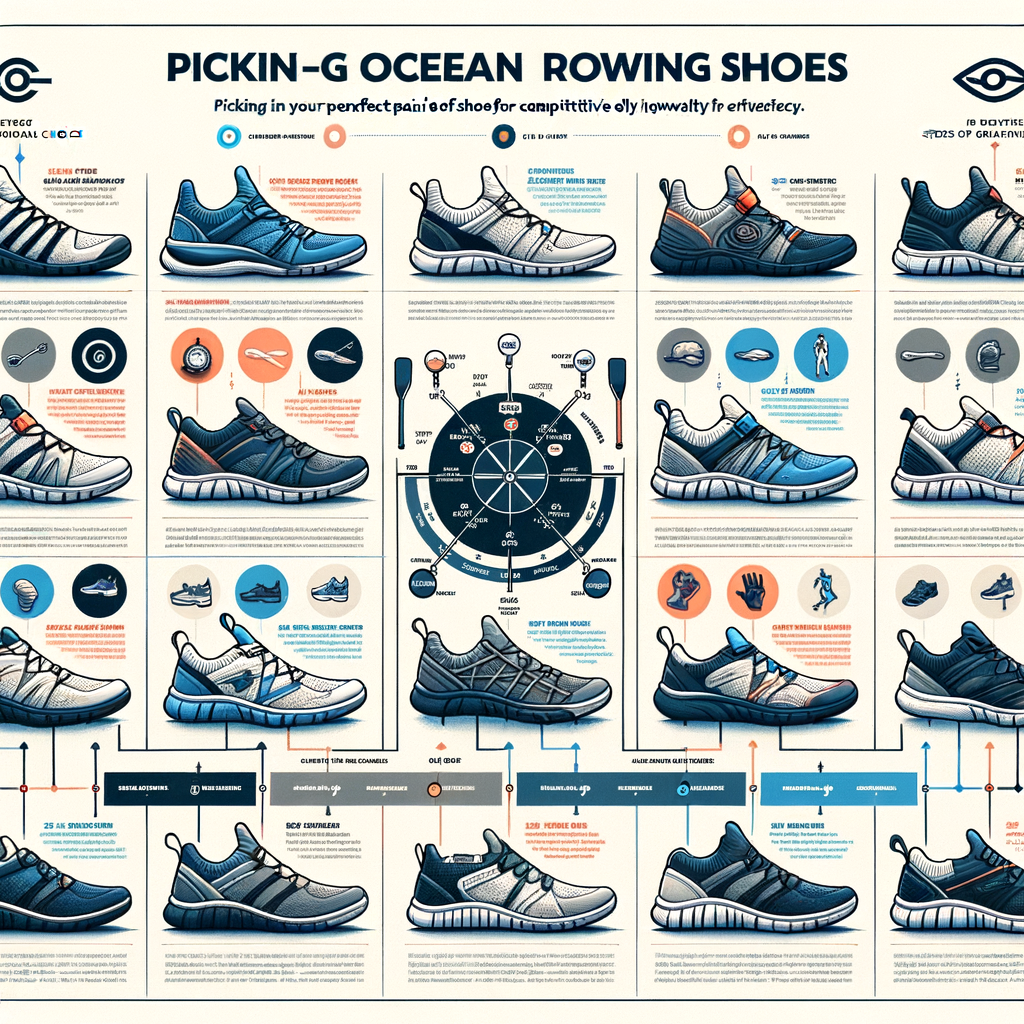 Infographic illustrating the selection process of top-rated ocean rowing shoes, highlighting the best shoes for ocean rowing with emphasis on comfort, durability, and performance for competitive rowers.