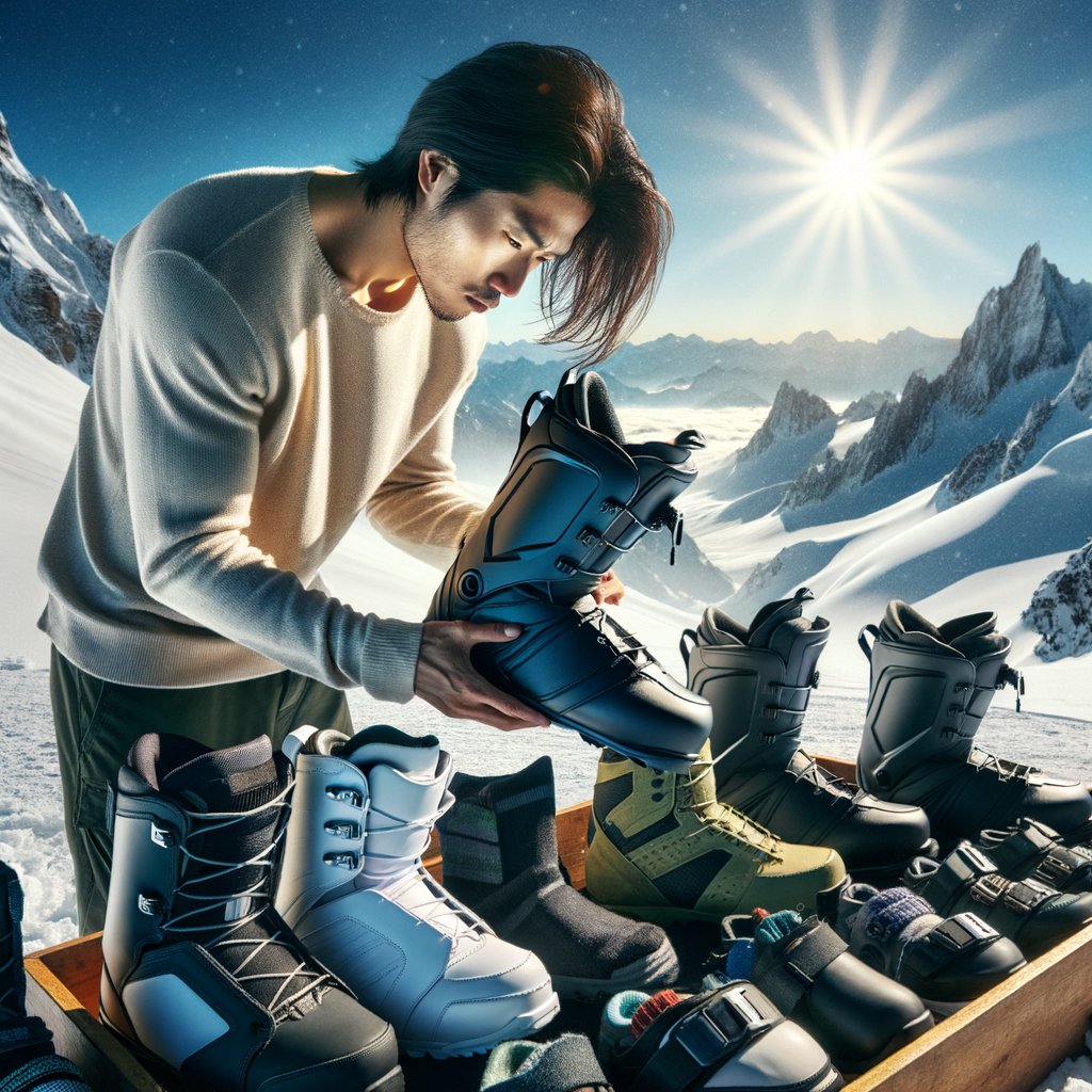 Professional snowboarder selecting perfect snowboarding boots from high altitude snowboarding gear for high altitude sports