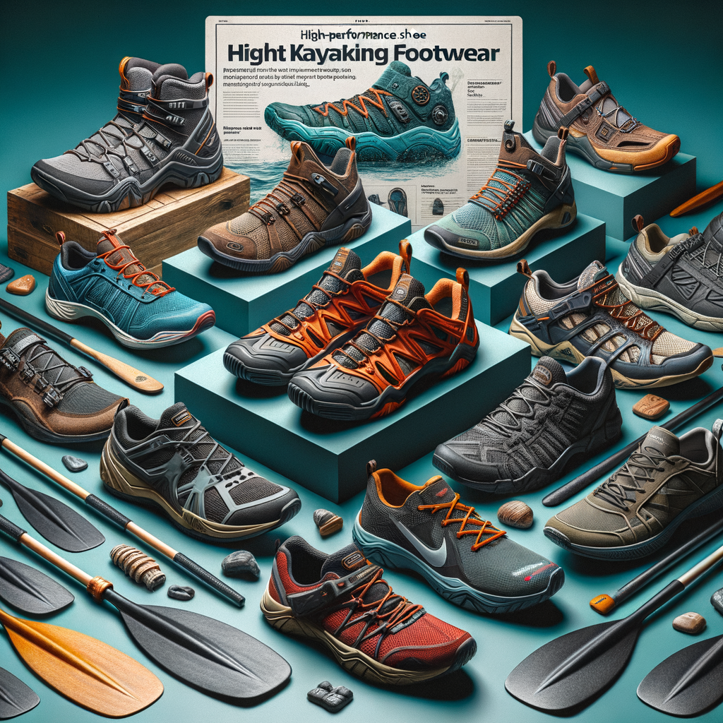 High-performance kayaking footwear including best shoes for kayaking, comfortable and waterproof styles, based on kayaking shoe reviews, with a kayaking shoe guide for optimal selection in the background.