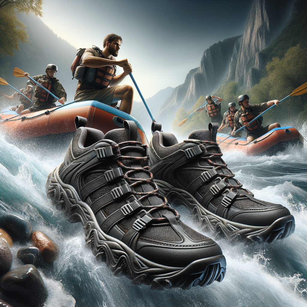 High-quality Extreme River Rafting Footwear display, showcasing the Best Shoes for River Rafting, emphasizing the importance of selecting durable, water-resistant Rafting Gear for Navigating Rapids in Extreme Sports.
