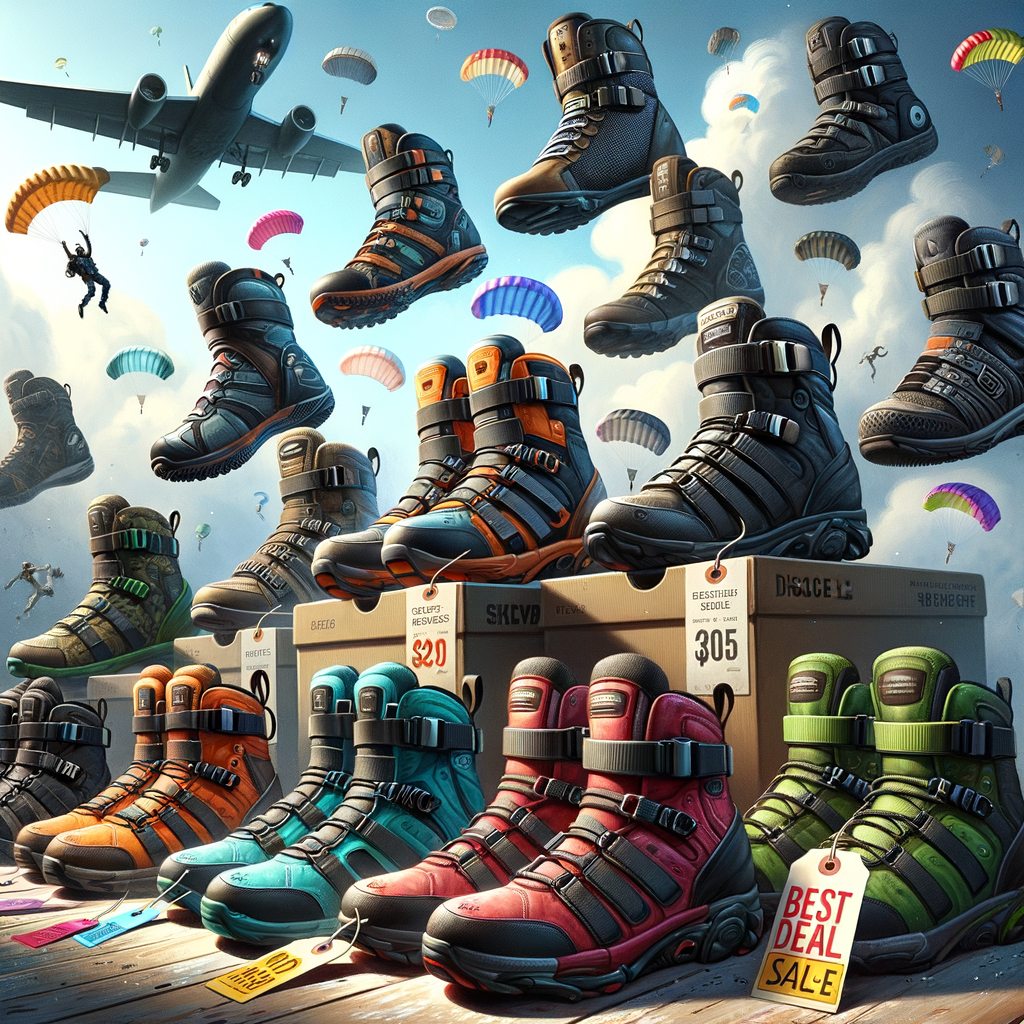 Assortment of affordable skydiving boots in various styles and colors, arranged in ascending order of cost, with best priced skydiving boots and deals highlighted, perfect for comparing skydiving footwear prices.