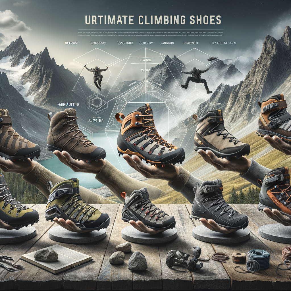 Variety of best shoes for mountain climbing, including outdoor and high altitude climbing shoes, on a mountain terrain backdrop, highlighting the process of selecting climbing shoes and featuring snippets of climbing shoe reviews.