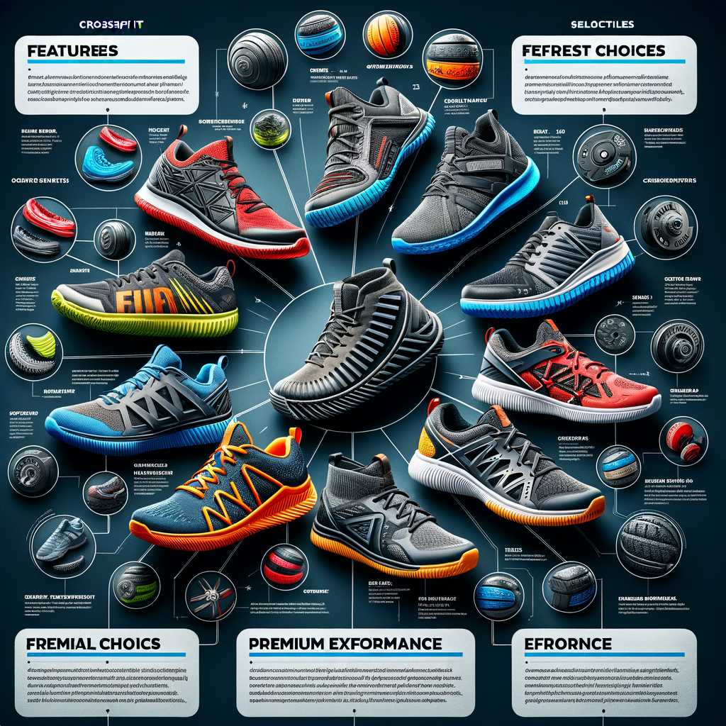 Assortment of top-rated CrossFit training shoes with unique features, alongside a detailed CrossFit shoe guide for selecting the best shoes for CrossFit workouts.