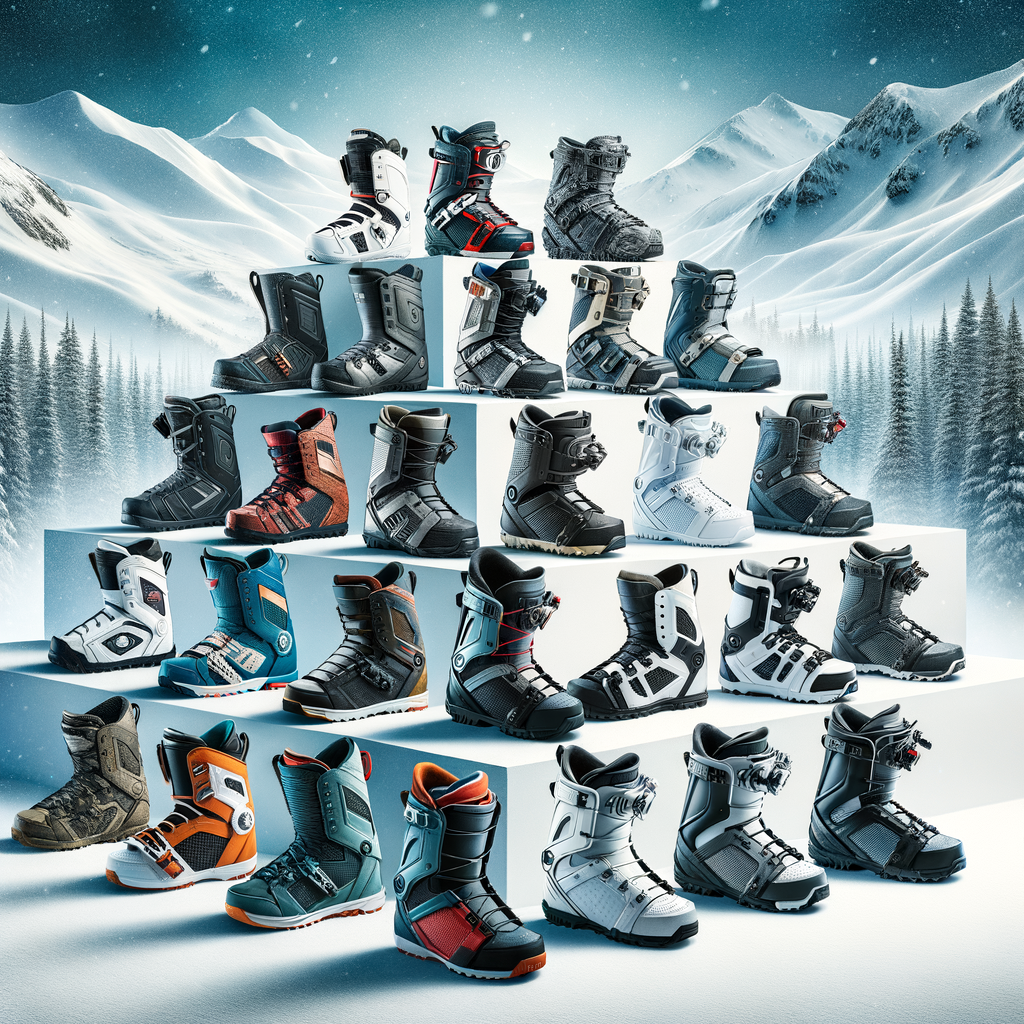 Different types of snowboarding boots showcasing unique features and designs on a snowy mountain, providing a comprehensive guide and comparison for understanding snowboarding boots, extreme sports gear, and best snowboarding boots for extreme sports.