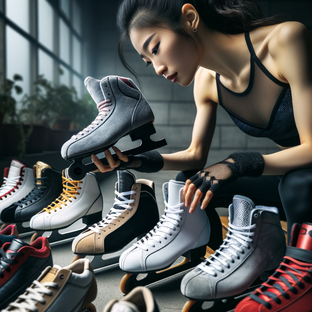 Professional skater meticulously examining a variety of skate shoes, illustrating the importance of choosing the best footwear for skaters and the selection process in professional skating gear.