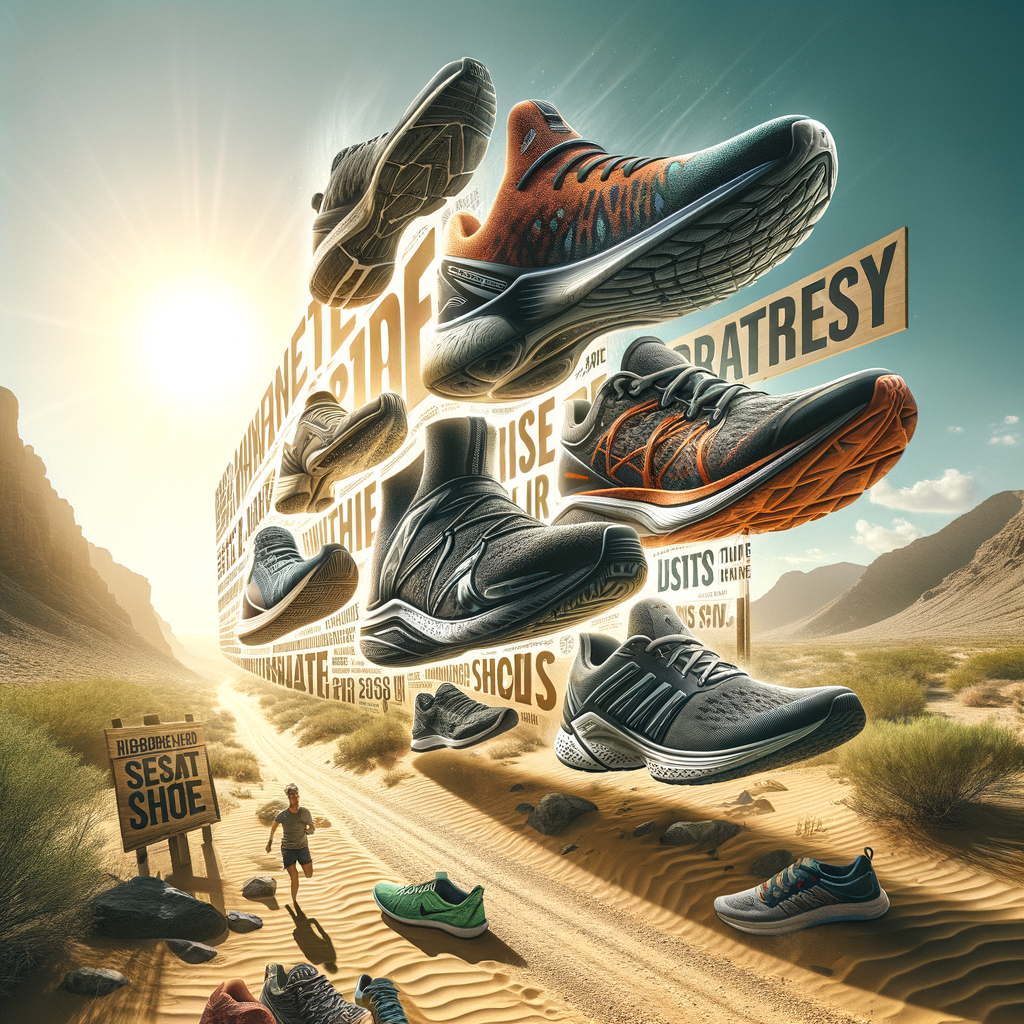 Variety of top-rated desert marathon shoes, showcasing breathable features and design optimized for hot weather running, perfect desert running gear for marathons under the scorching sun.