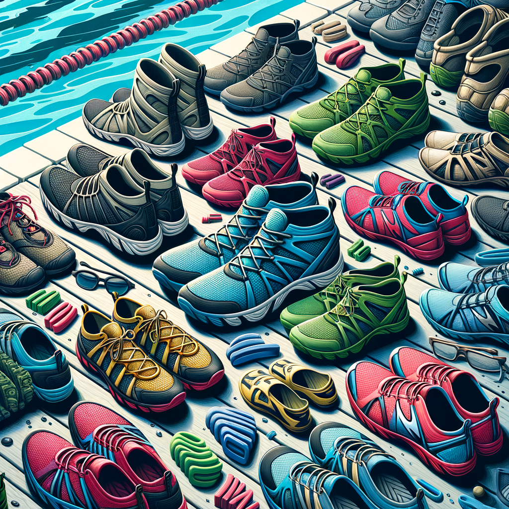 Colorful array of protective water shoes, essential safety swimwear and competitive swimming equipment for open swim competitions, showcasing the variety in water sports footwear and open water swimming essentials.