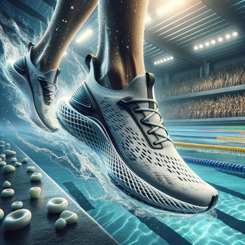 Stylish and swift high-performance water shoes for competitive aquatic sports, showcasing durability and water resistance against a swimming pool backdrop.