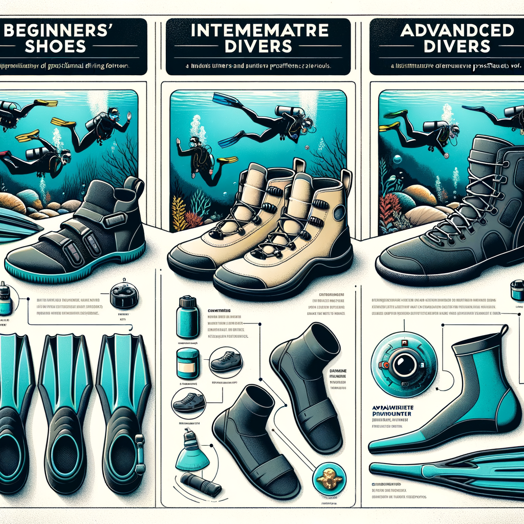 Visual guide showcasing a range of diving footwear essentials, from beginner's diving shoes to professional scuba diving boots, highlighting the best footwear for diving enthusiasts of all levels.
