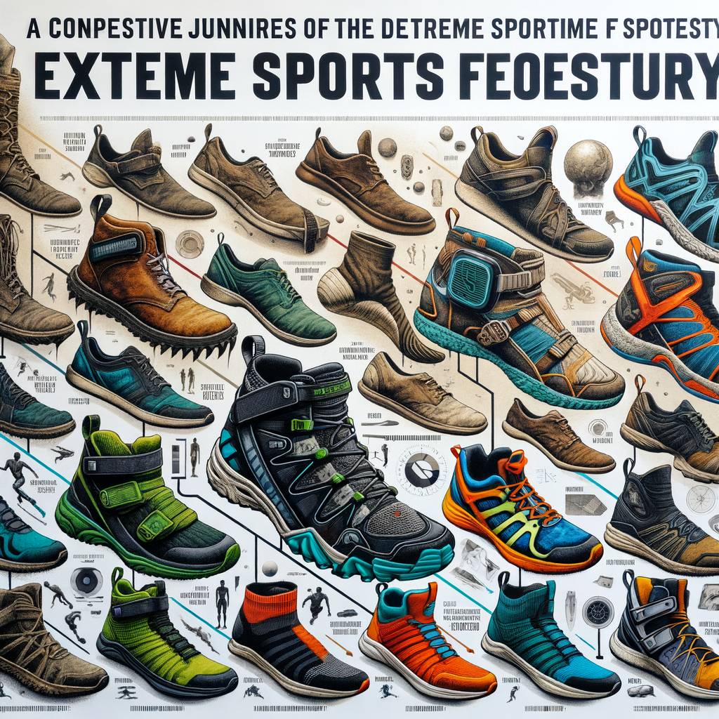 Collage illustrating the evolution of extreme sports footwear design, highlighting key milestones in sports shoe design history and showcasing modern extreme sports footwear technology.