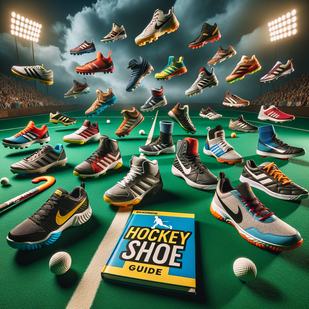 Top-rated field hockey shoe brands displayed on a pitch with a 'Hockey Shoe Guide', illustrating the best field hockey shoes for speed and agility, essential for selecting hockey shoes.