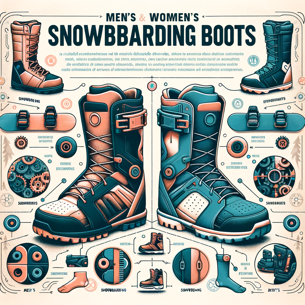 Infographic comparing men's and women's snowboarding boots, highlighting the key differences in design, features, and factors to consider when choosing snowboarding footwear.