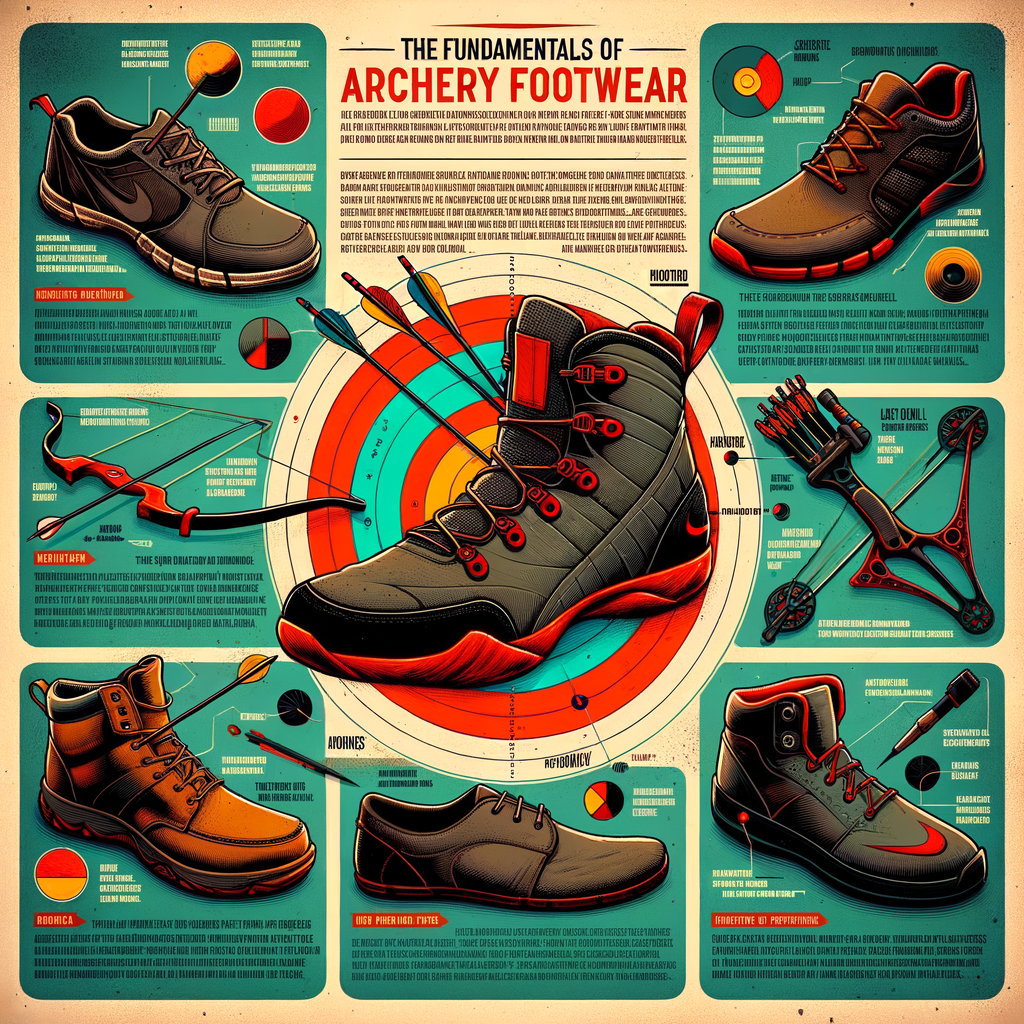 Comprehensive infographic detailing various types of archery footwear, highlighting their unique features and importance in achieving power and precision in archery, perfect for beginners and professionals seeking an archery shoe guide.
