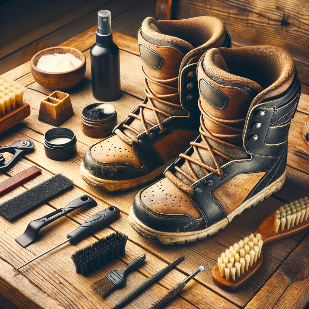 Snowboarding boots maintenance guide illustrating how to care for snowboarding boots for longevity, showcasing well-maintained boots, snowboarding gear care tools, and the process of extreme sports equipment upkeep.