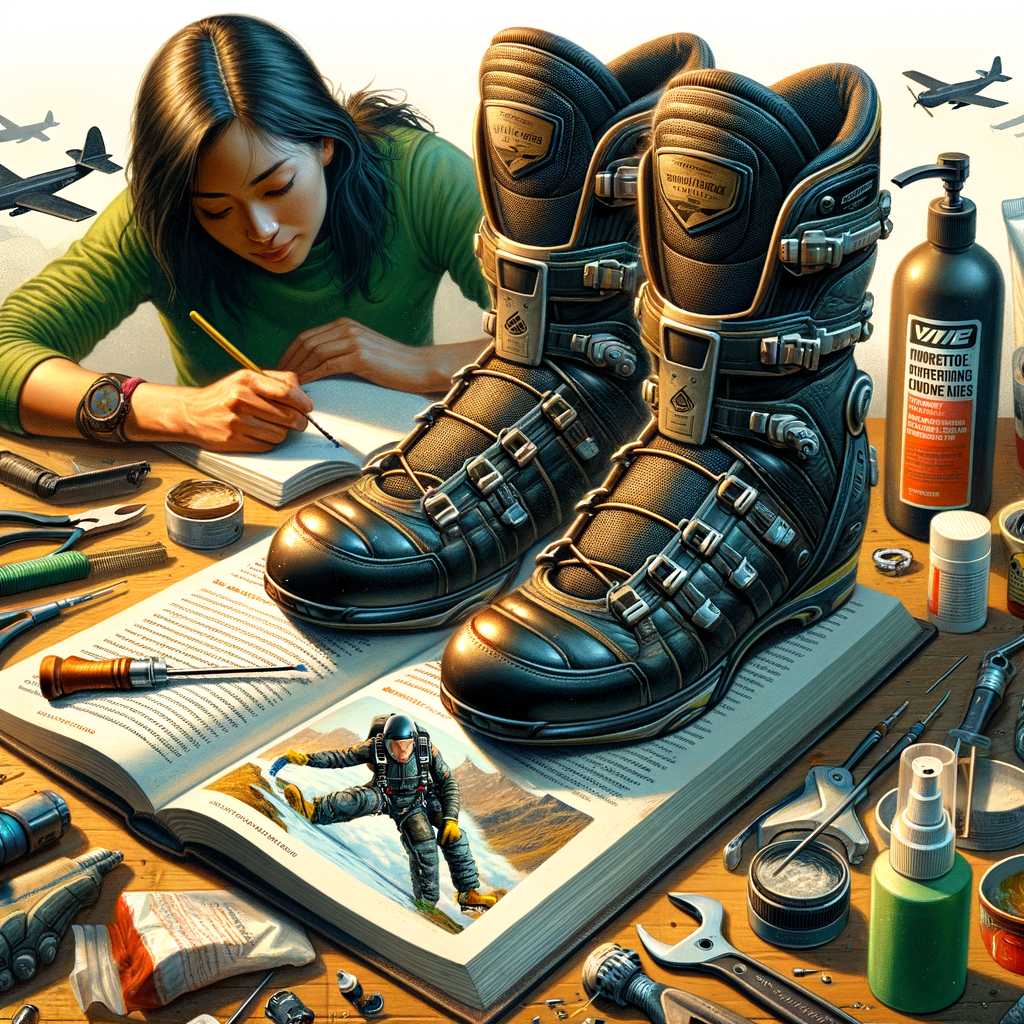 Skydiver performing skydiving boots care and equipment maintenance, using cleaning tips and repair kits to enhance boots durability and lifespan for extreme sports gear care.