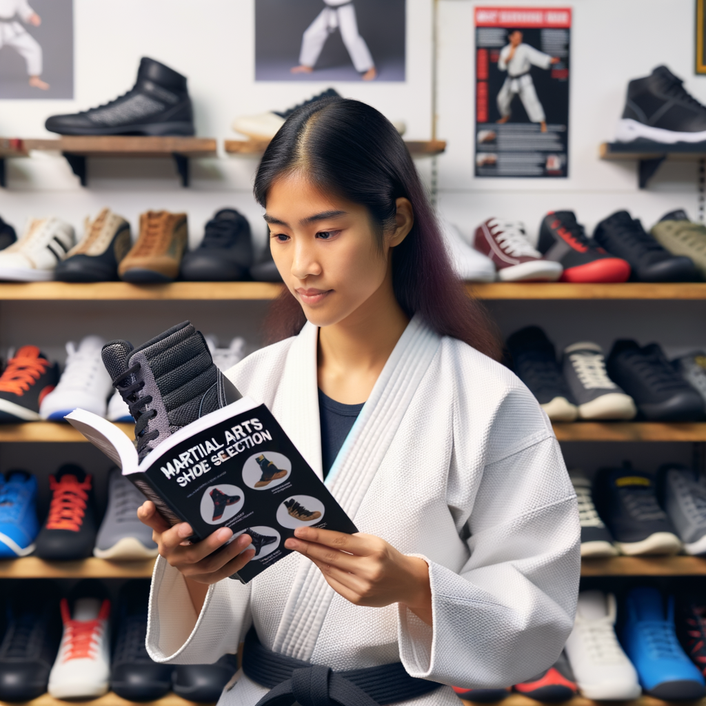 Martial artist examining best shoes for martial arts in a store, holding a martial arts shoe guide for choosing the right martial arts footwear