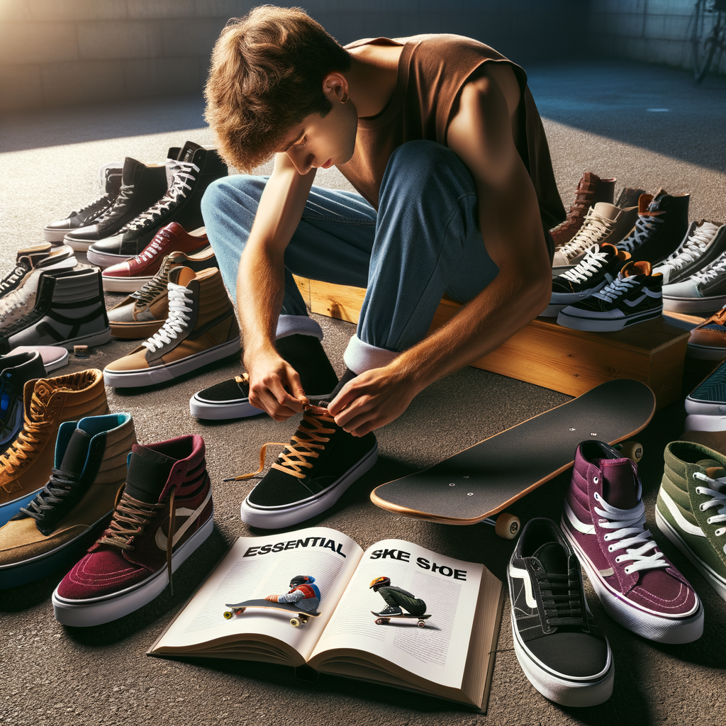 Beginner skateboarder tying laces of new skate shoes, surrounded by essential skateboarding gear and a beginner's guide to choosing the right skateboarding footwear