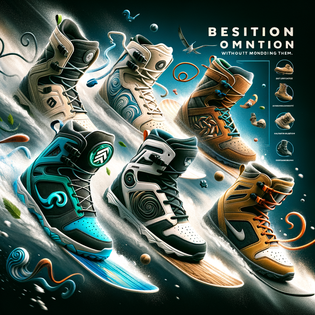 Selection of beginner-friendly men's snowboarding boots featuring Vans, Burton, and Ride Rook styles, highlighting the comfortable Burton Moto Lace as the best intermediate choice for extreme sport fans.