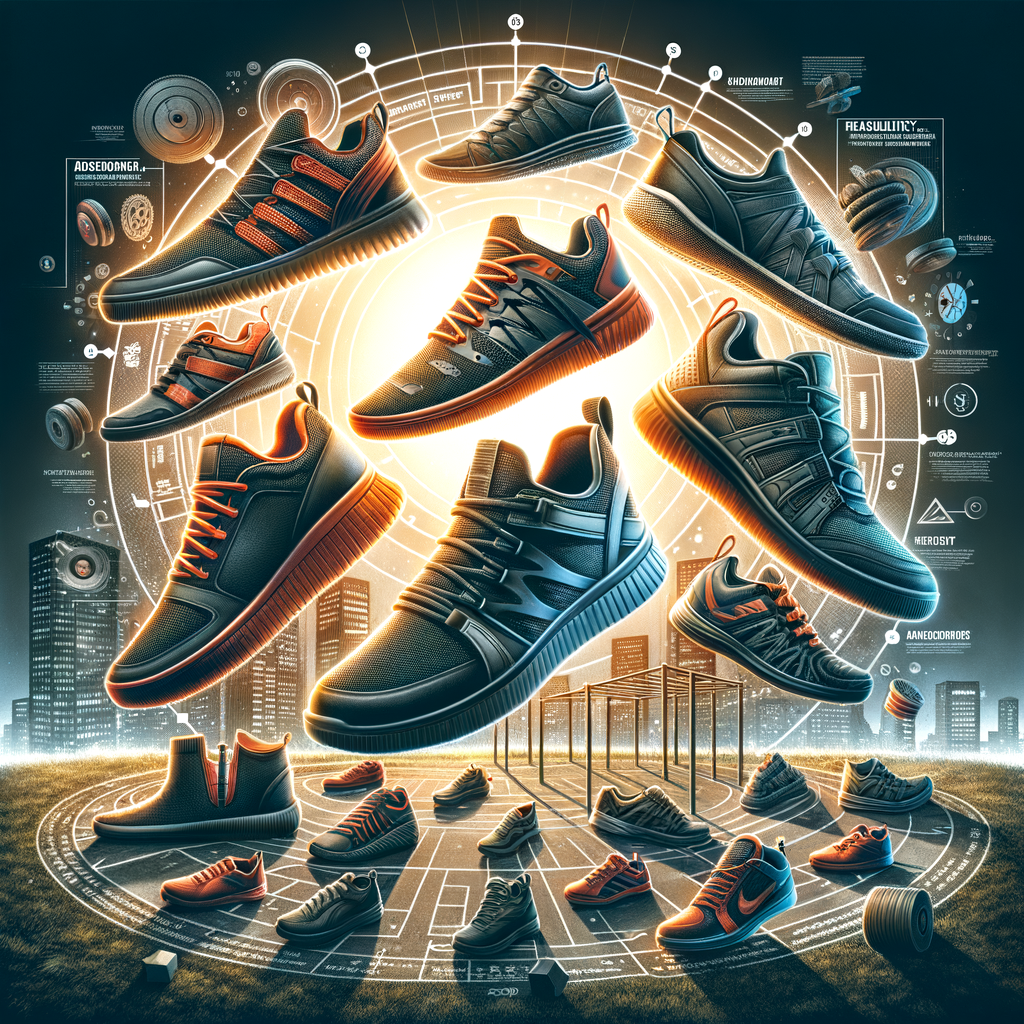 Top-rated parkour shoes arranged in a semi-circle, labeled with key features for agility enhancement, on an urban agility training course backdrop - a visual guide for choosing the best shoes for parkour.