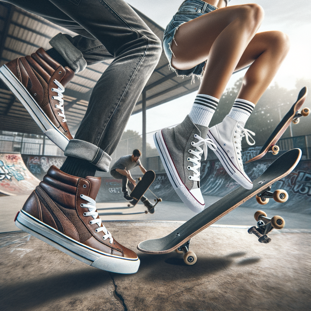 Skateboarders performing tricks in extreme sports setting wearing durable leather and canvas skateboarding sneakers, highlighting the comparison between the best skateboarding shoe materials: leather vs canvas.