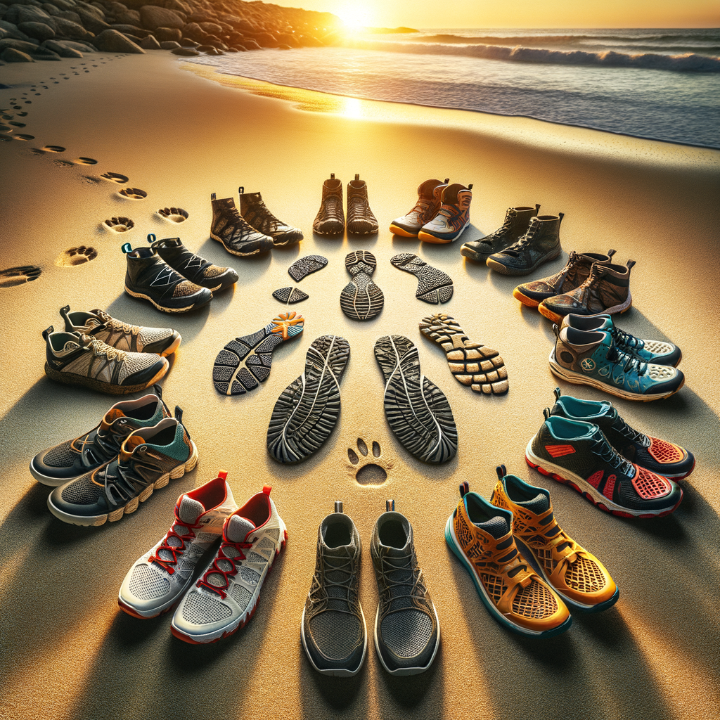 Variety of water activity footwear showcasing different sole designs on a beach, emphasizing the impact of soles on water sports performance and the importance of water-resistant soles for optimal water activity performance.