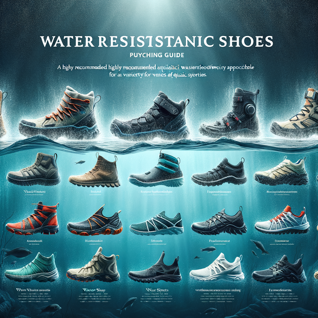Assortment of top-rated aquatic shoes on a water background, showcasing the best water-resistant footwear for various water sports, including a buying guide for choosing the best waterproof shoes.