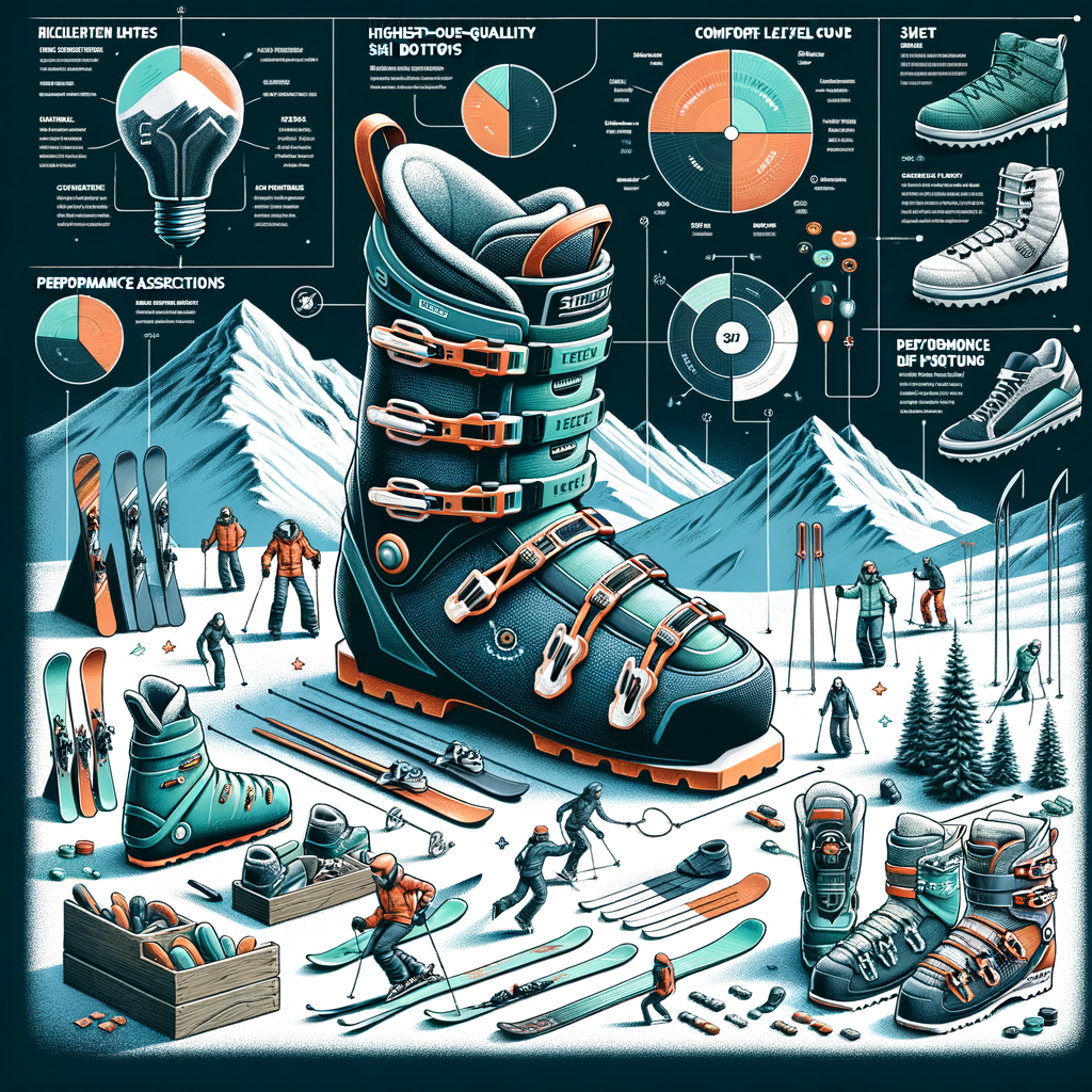 Comprehensive ski boot guide infographic detailing best ski boot brands, key features, comfort and performance ratings, and tips on ski boot fitting and selection for skiing essentials and ski equipment.