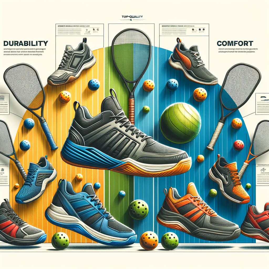 Variety of high-performance, comfortable and durable pickleball shoes in different styles and colors, ideal for pickleball shoe selection, with a background featuring a guide and reviews.