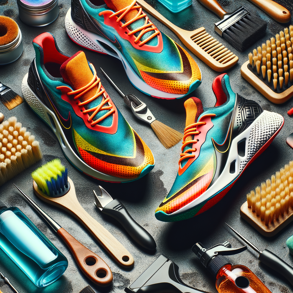 High-performance sports shoes maintenance process with specialized care products and tools, illustrating sports shoes care tips and the importance of maintaining athletic footwear for optimal performance.