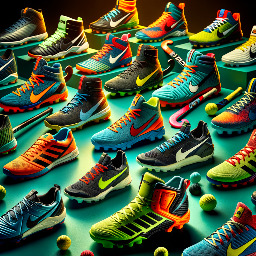 Assortment of best professional field hockey shoes, essential hockey footwear including field hockey cleats and sports shoes, highlighting top field hockey shoe brands for hockey players as key field hockey gear and equipment.