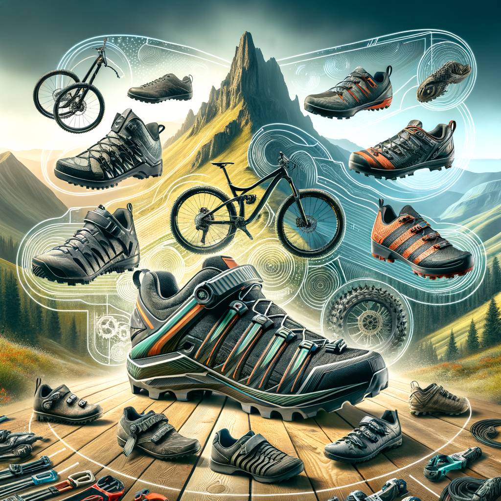 Assortment of top-rated mountain biking shoes with a detailed shoe guide, essential mountain biking footwear, and adventure biking gear on a scenic mountain trail backdrop.