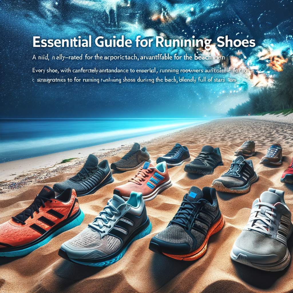Assortment of top-rated nighttime beach running shoes, essential running gear for sand, highlighted as the best shoes for beach runs under a starlit sky - a comprehensive beach running shoe guide.