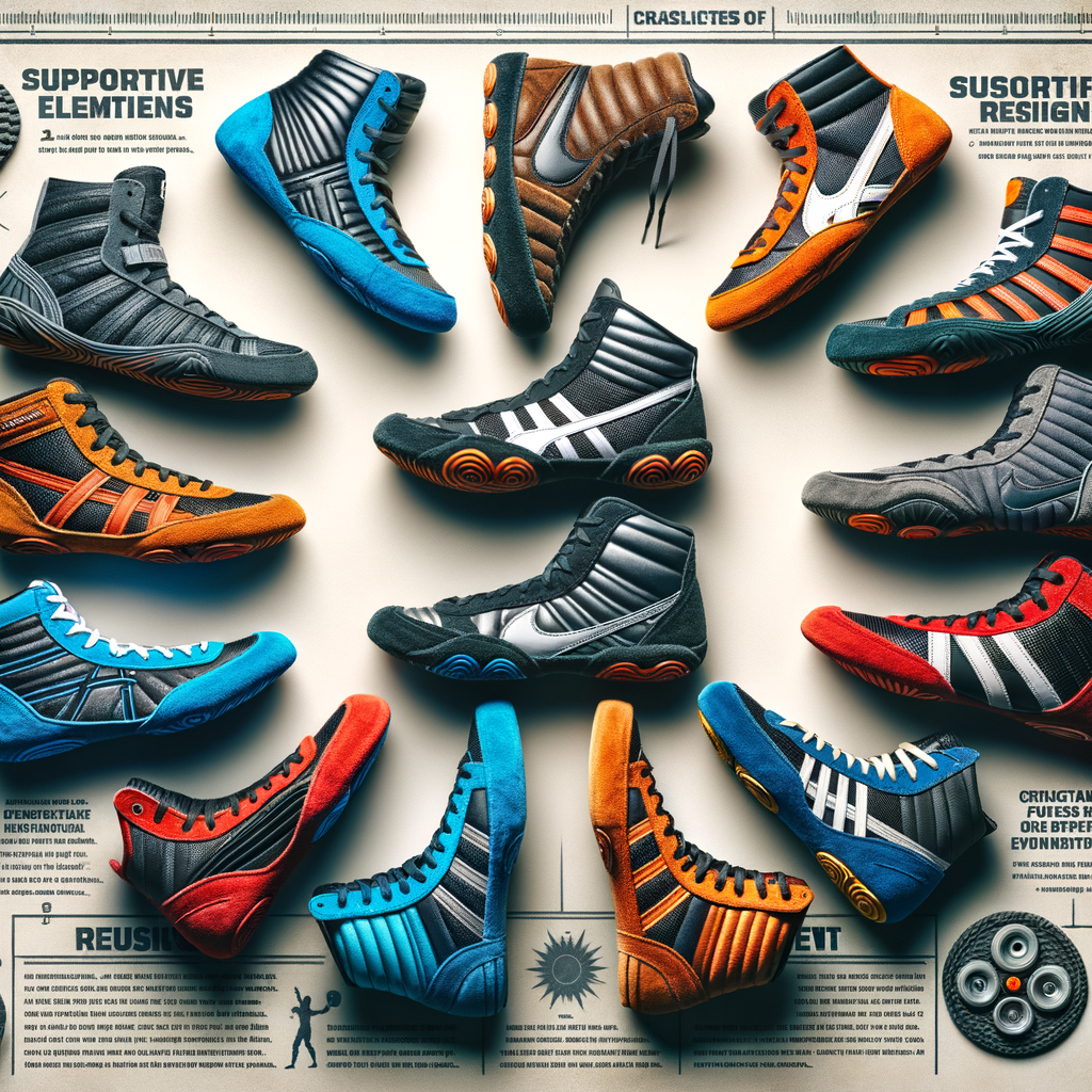 Variety of best wrestling shoe brands with supportive features and high performance design, accompanied by a wrestling shoe guide for choosing the best wrestling footwear, including snippets of wrestling shoe reviews for the article 'Stay Supported: Wrestling Shoe Selection Guide'.