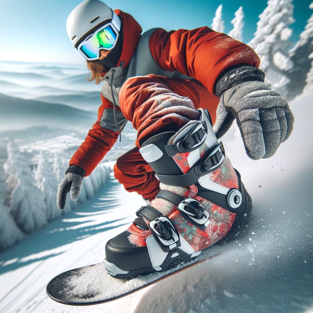 Professional snowboarder showcasing personalized snowboarding boots with unique customization features and design, representing the latest in slope style snowboarding gear and equipment.