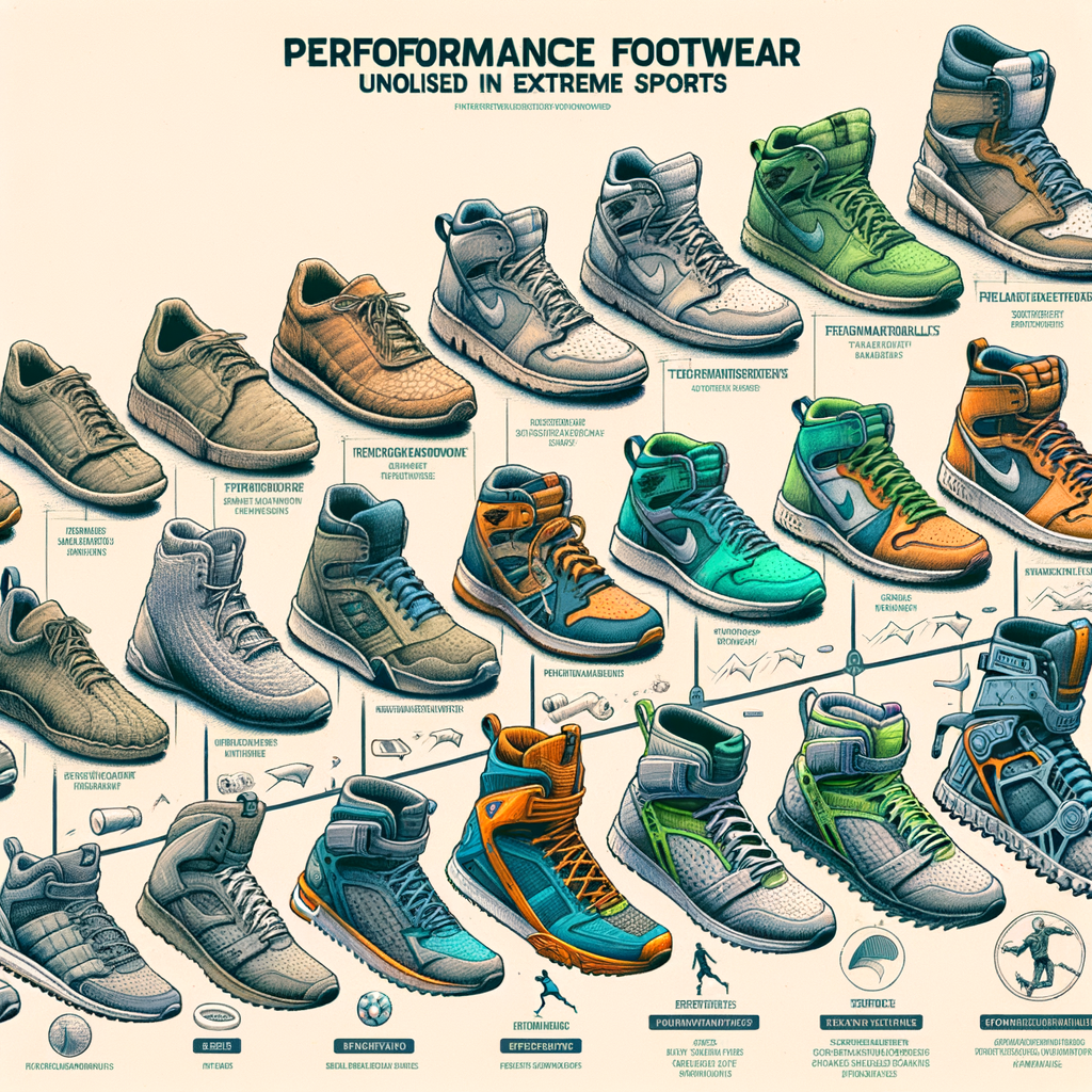 Timeline illustrating the evolution of extreme sports footwear technology, showcasing high-tech sports shoes design, advanced footwear in extreme sports, and the impact of performance footwear in extreme sports.