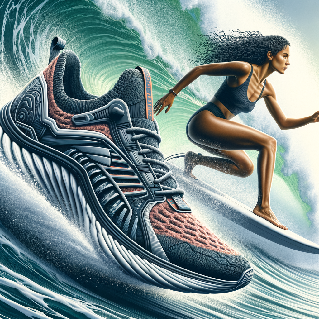 High-performance custom surfing shoes enhancing surfing performance, intricately tailored for mastering surfing waves, showcasing surfing gear customization for wave mastery.