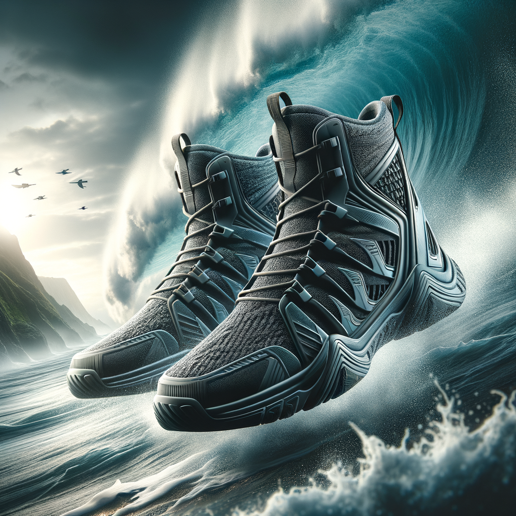 High endurance extreme surfing shoes, durable surf footwear for water sports, showcasing surfing gear durability and high quality surf shoes against powerful ocean waves.