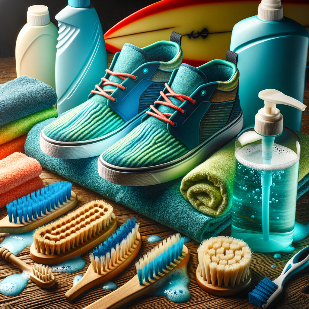Surfing footwear maintenance guide illustrating care for surf shoes using brush, detergent, and towel, with surfboards and extreme sports gear in the background.