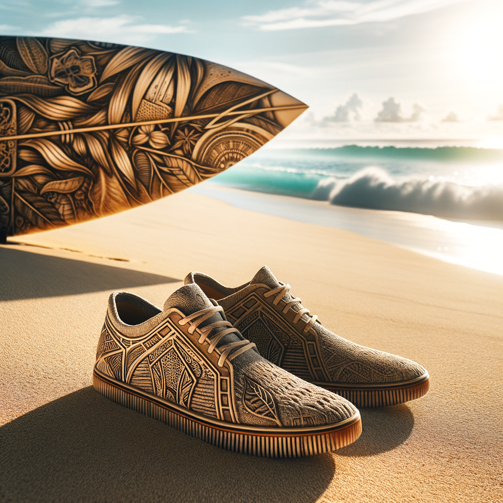 Eco-friendly surf shoes made from sustainable materials on a beach, illustrating the environmental benefits and positive impact of green surfing equipment and sustainable surfing gear on the environment.