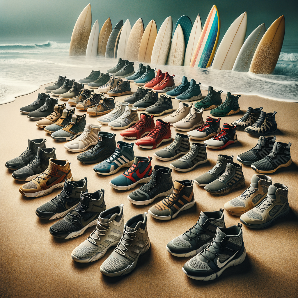 Assortment of best surfing shoes for various water conditions, showcasing water-resistant extreme sports gear on a beach, highlighting surf footwear diversity for water sports, surf shoe reviews and surfing equipment.