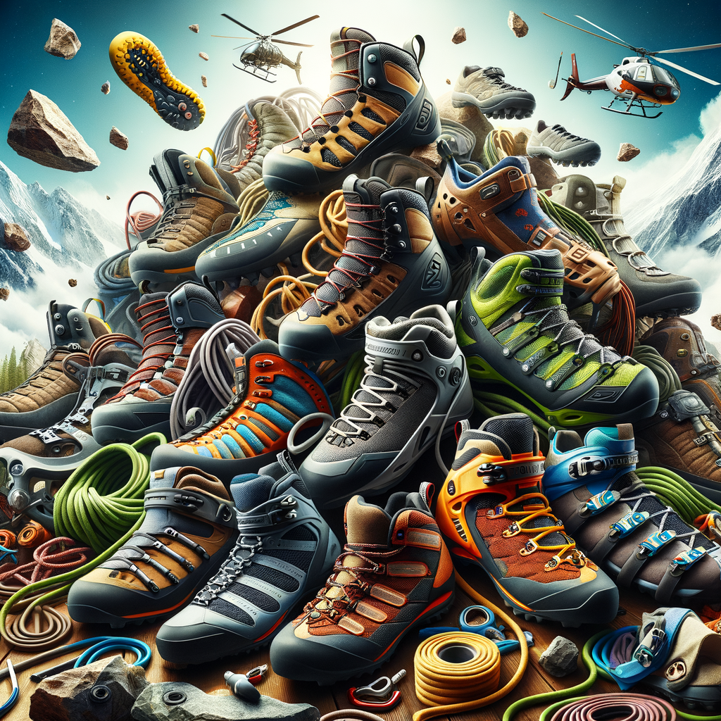 Assortment of customizable climbing shoes, personalized boots, and high-altitude footwear options amidst mountain climbing equipment, showcasing the thrill of extreme sports gear for mountain sports footwear enthusiasts.