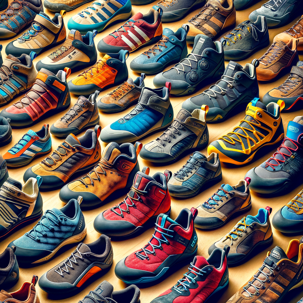 Assortment of high-quality climbing shoe brands showcasing the best shoes for rock climbing, emphasizing the importance of comfort and proper footwear selection in rock climbing gear.