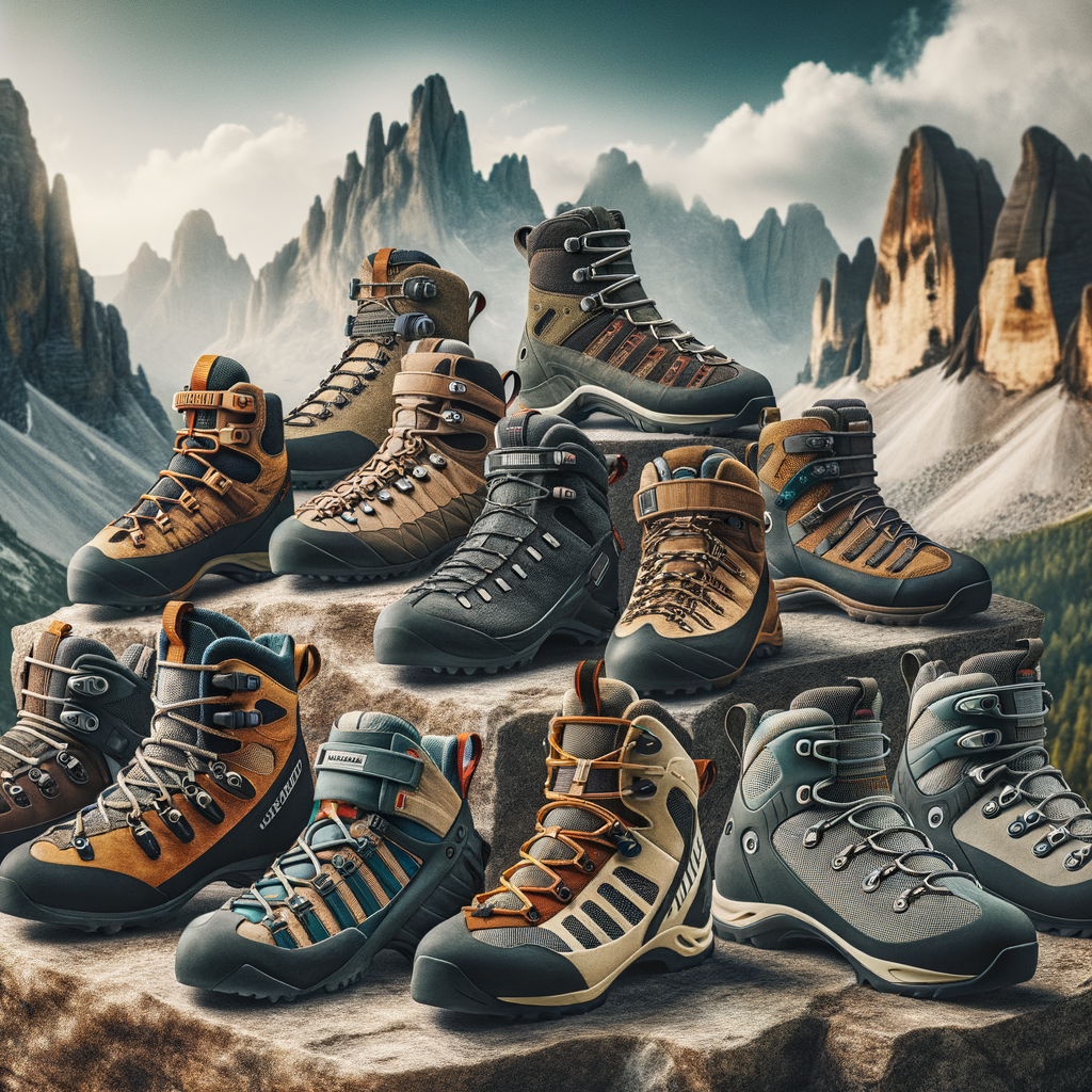 Assortment of best mountain climbing shoes, including durable climbing footwear for beginners and high altitude climbing shoes, displayed on mountain terrain for a climbing shoes review.