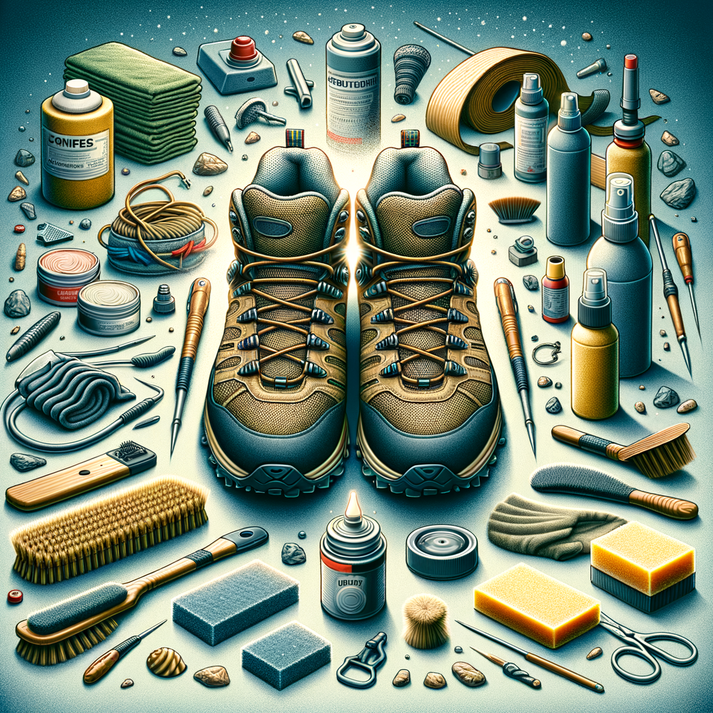 Mountain climbing footwear maintenance process with cleaning tools and products for extreme sports gear care, highlighting hiking boots maintenance and trekking footwear care essentials.